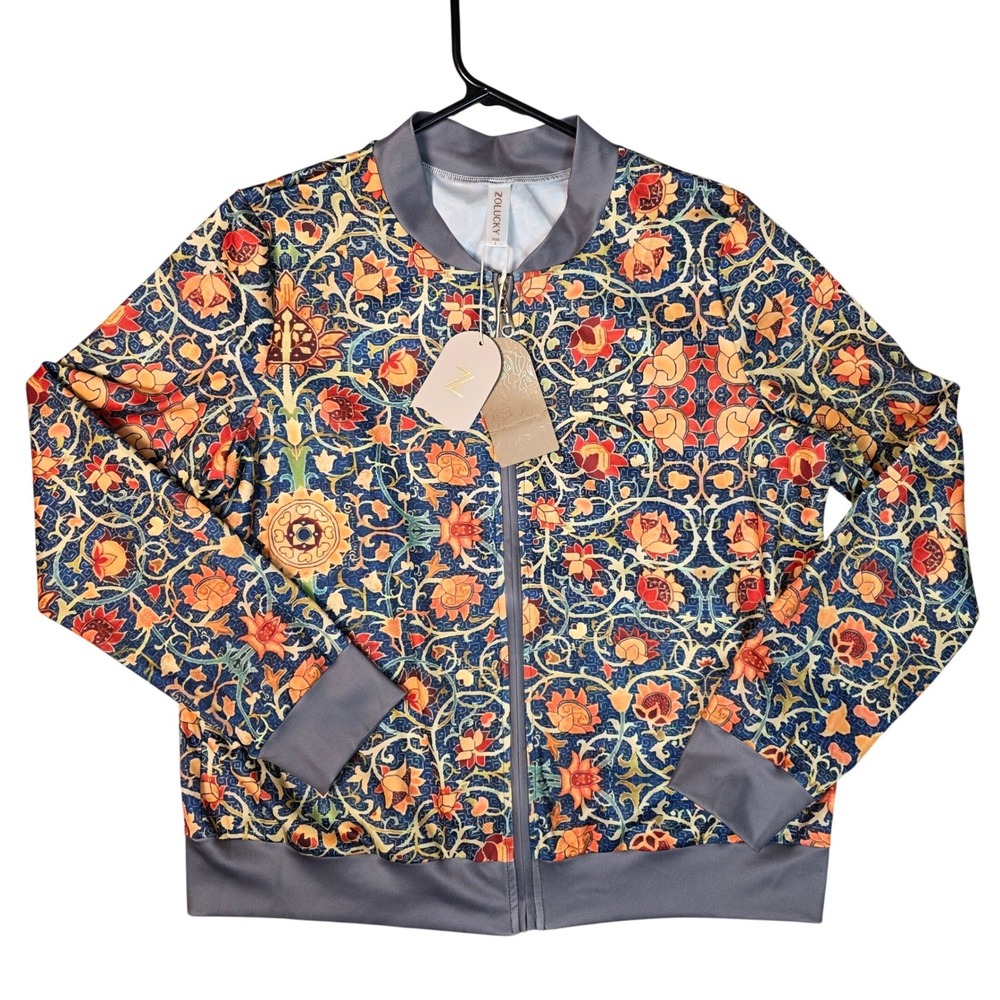 Zolucky Womens Floral Tapestry Bomber Jacket Blue Orange Full‎ Zip Small 1531046